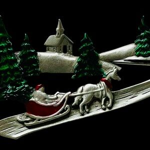 Vintage Signed JJ Pewter And Enamel Santa Delivering Tree To Church Brooch